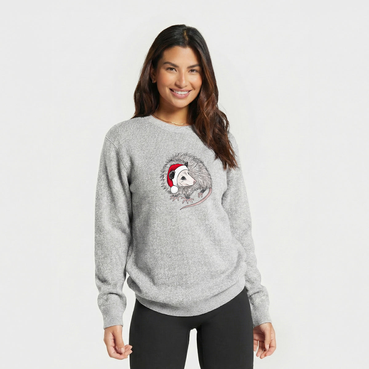 Santa Opossum - Knit Sweatshirt, worn by model