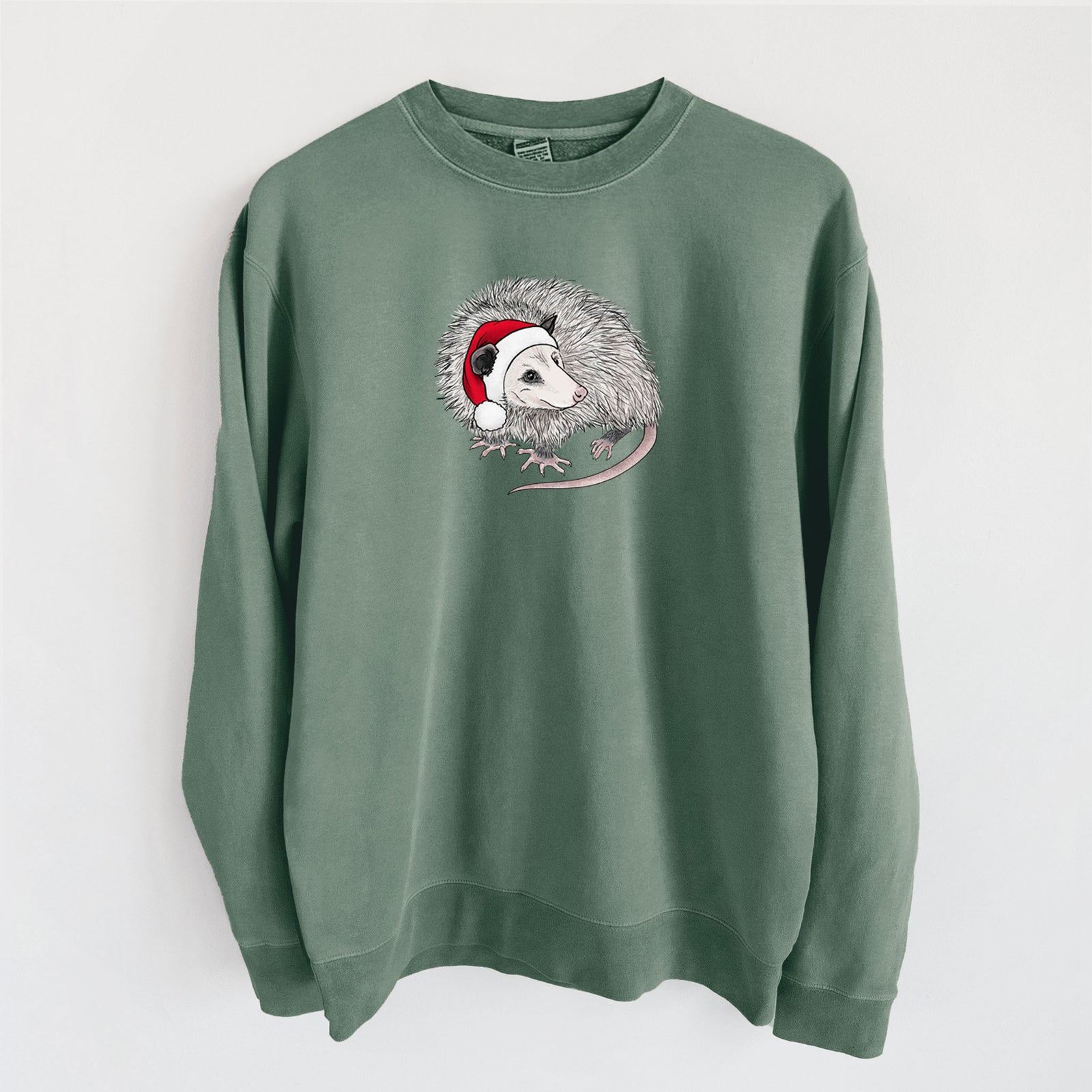 Santa Opossum - Unisex Pigment Dyed Crew Sweatshirt in Alpine Green