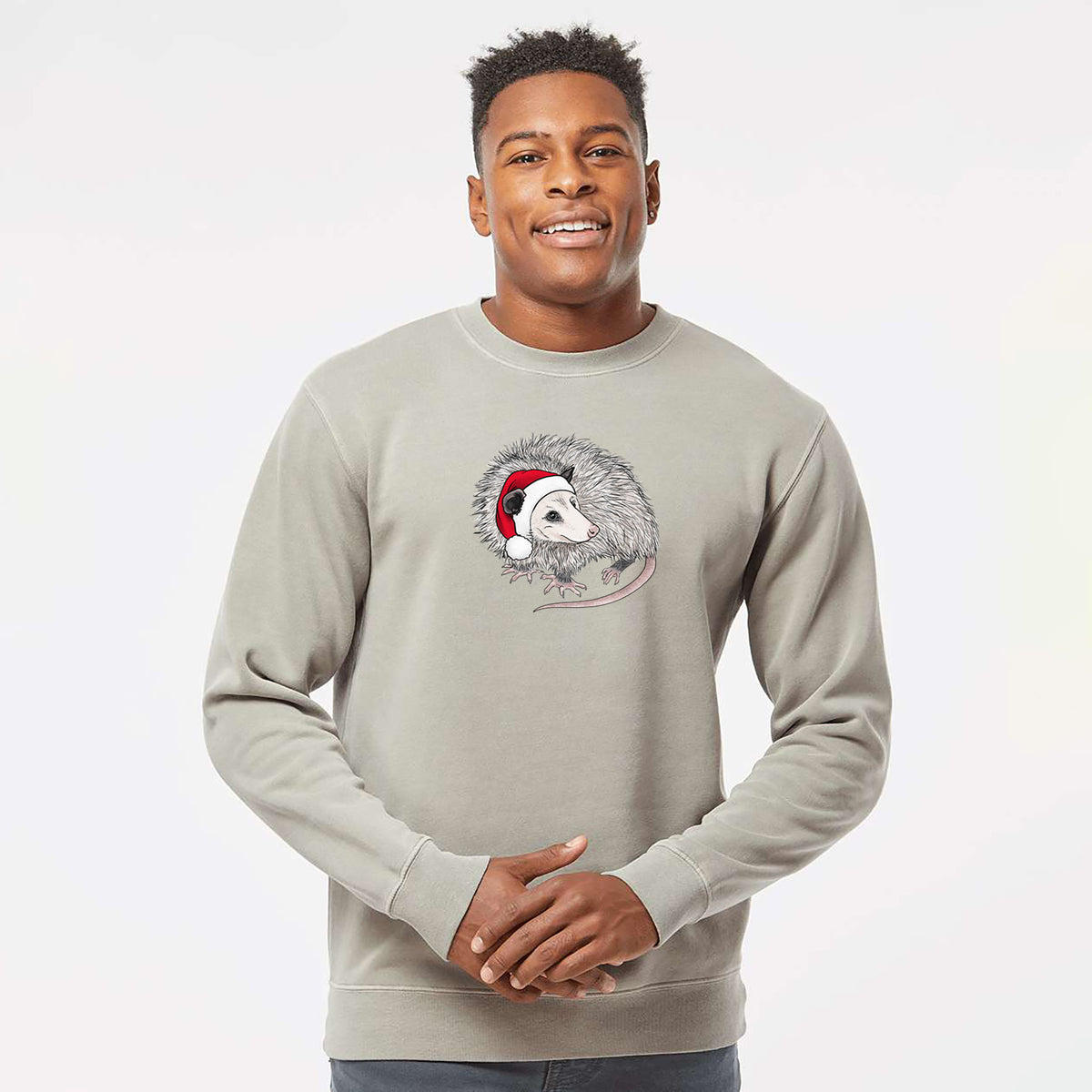 Santa Opossum - Unisex Pigment Dyed Crew Sweatshirt in Cement