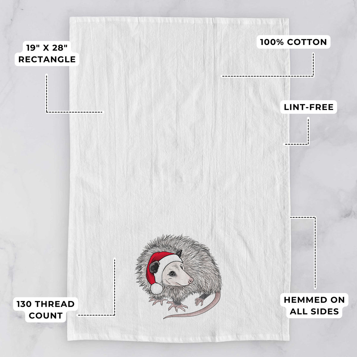 Santa Opossum - Tea Towel, close-up detail