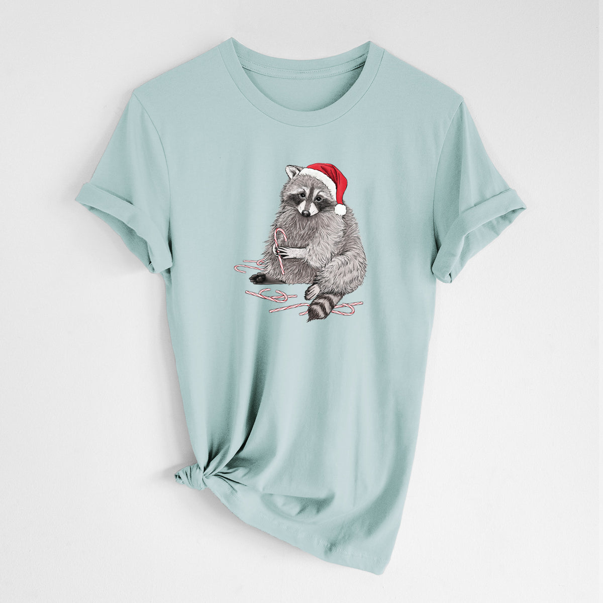 Santa Raccoon - Lightweight 100% Cotton Unisex Crewneck in Dusty Blue, worn by model