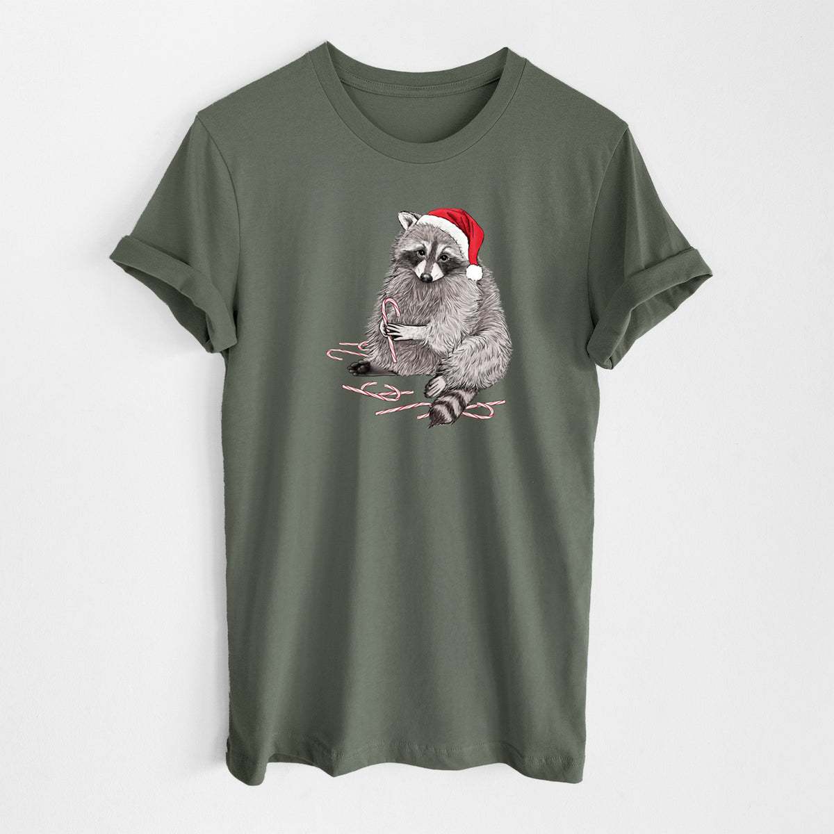 Santa Raccoon - Lightweight 100% Cotton Unisex Crewneck in Military Green