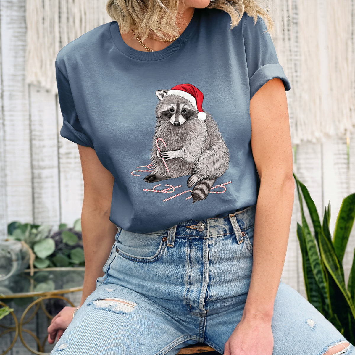 Santa Raccoon - Lightweight 100% Cotton Unisex Crewneck in Steel Blue, worn by model