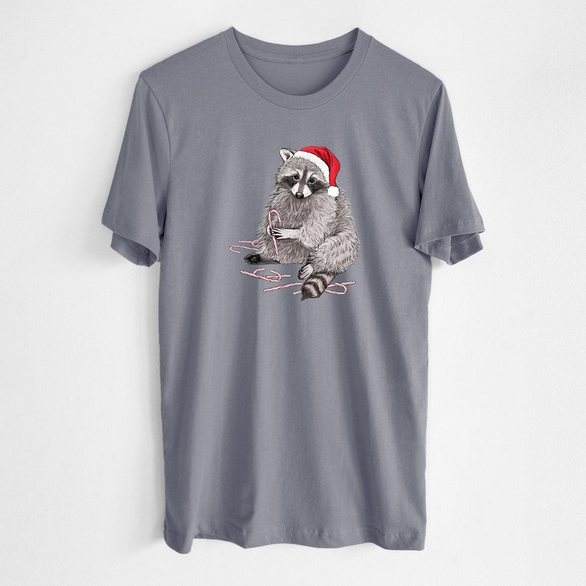 Santa Raccoon - Lightweight 100% Cotton Unisex Crewneck in Storm Grey, worn by model