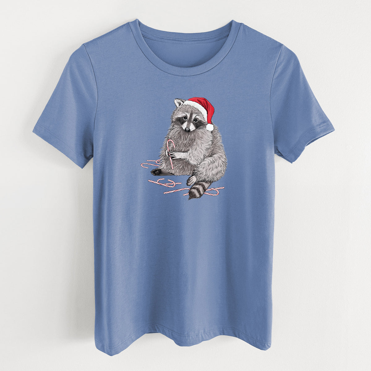 Santa Raccoon - Women's Lightweight Relaxed Fit 100% Cotton Crewneck in Blue Bell, on a hanger