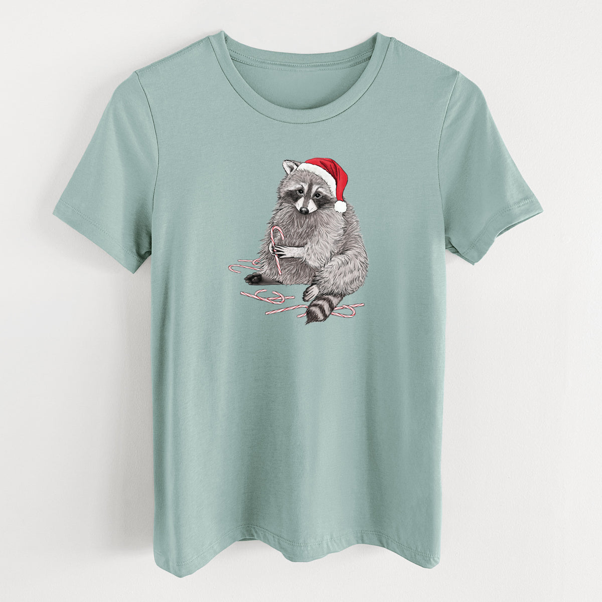 Santa Raccoon - Women's Lightweight Relaxed Fit 100% Cotton Crewneck in Dusty Blue, on a hanger