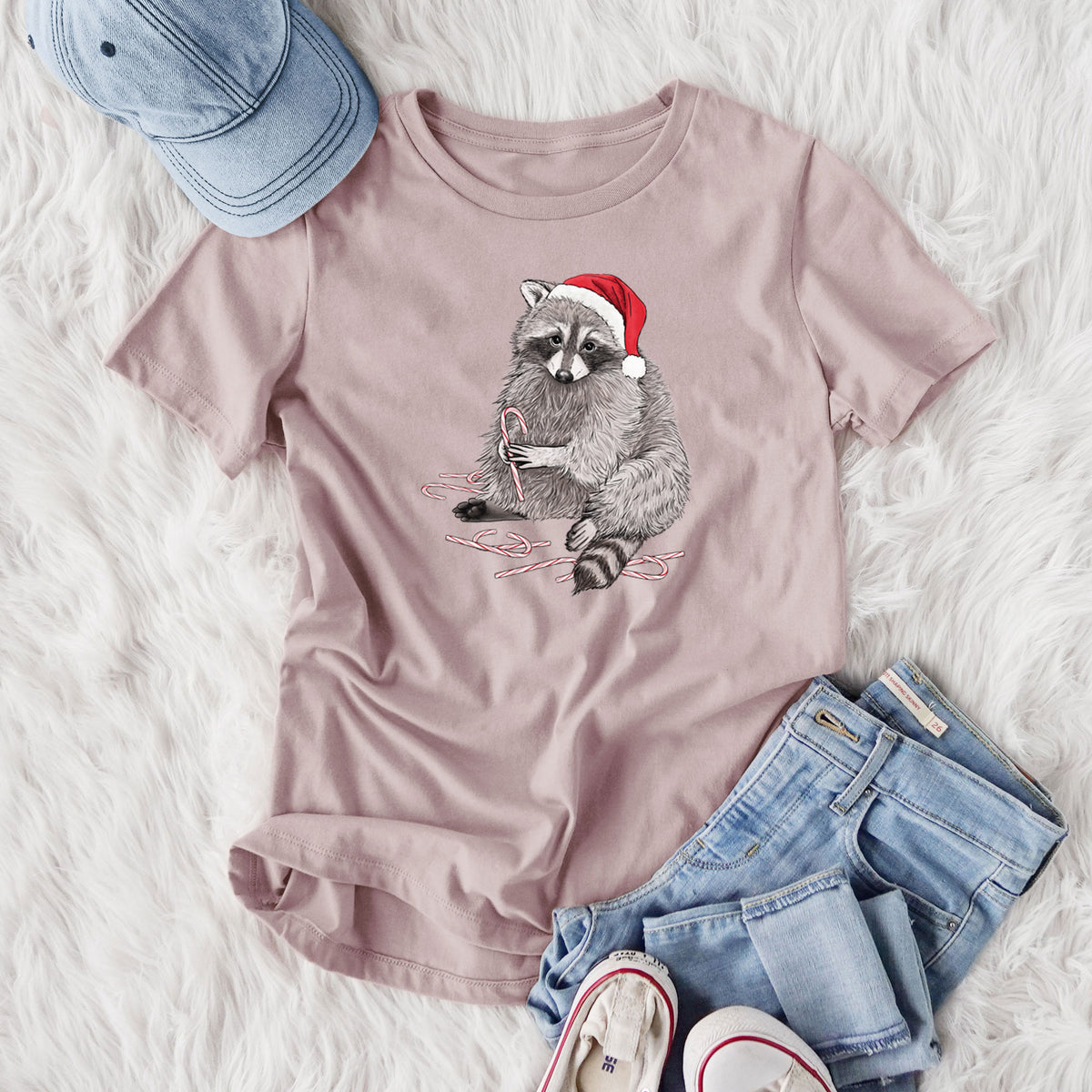 Santa Raccoon - Women's Lightweight Relaxed Fit 100% Cotton Crewneck, flat lay