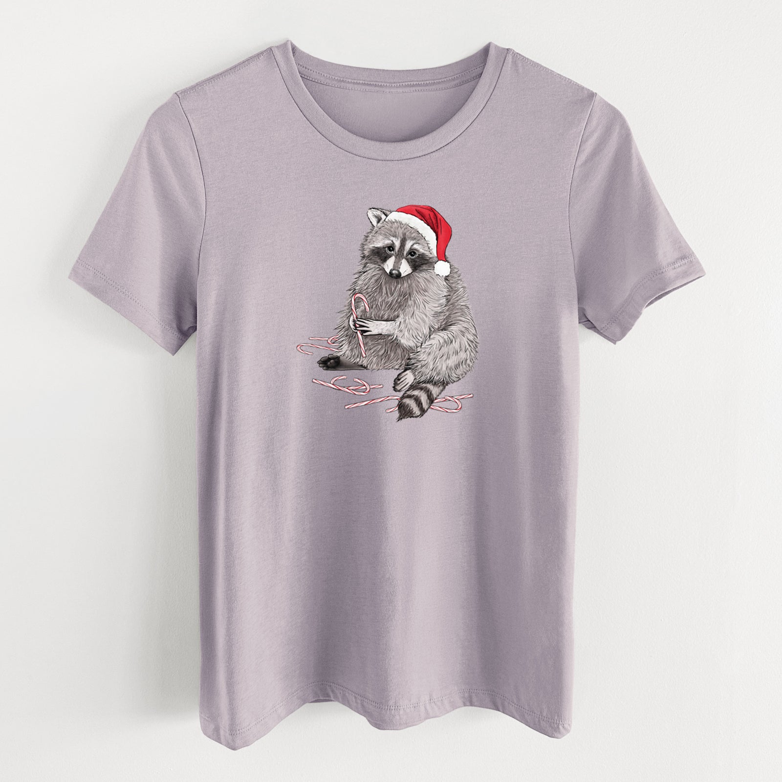 Santa Raccoon - Women's Lightweight Relaxed Fit 100% Cotton Crewneck in Light Violet, on a hanger