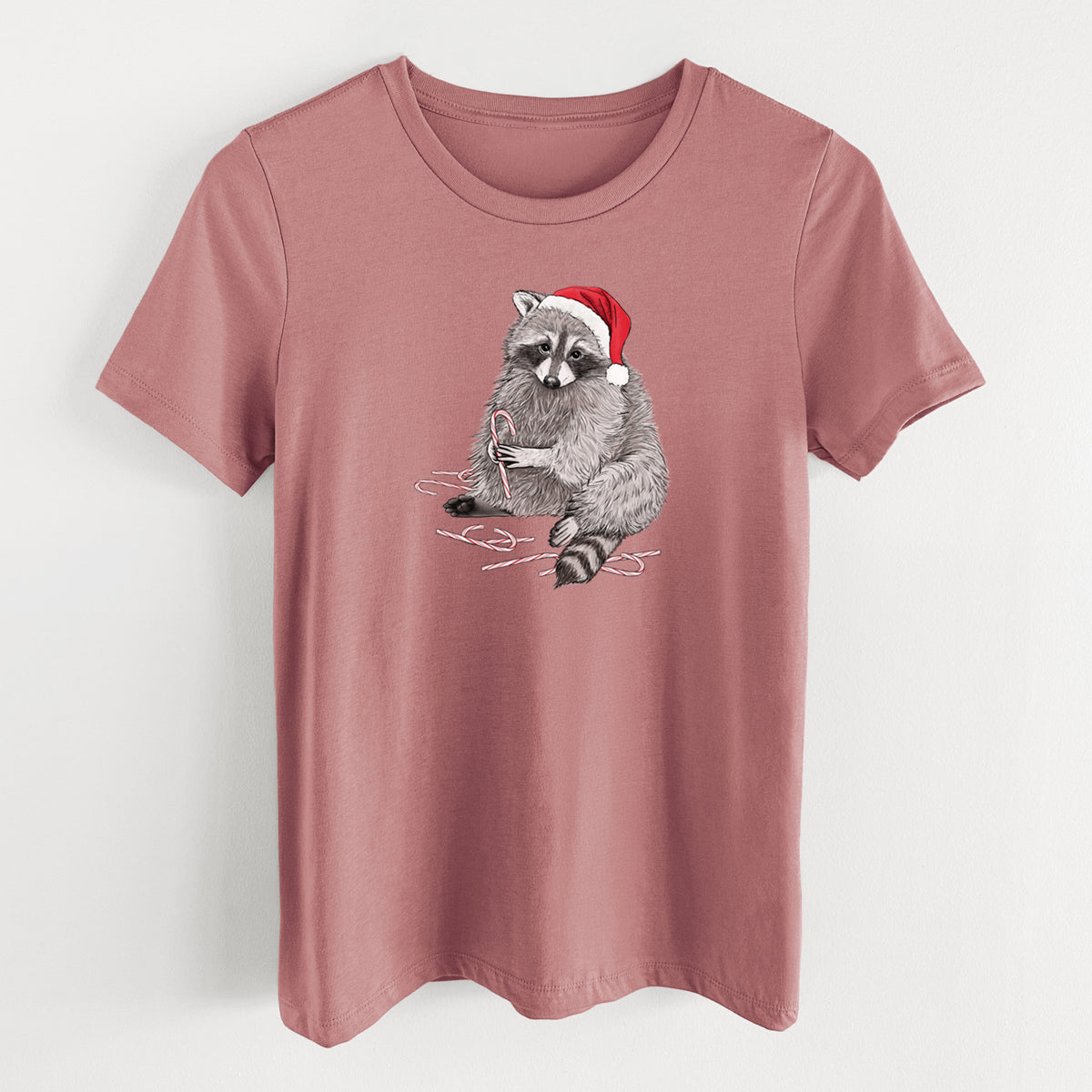 Santa Raccoon - Women's Lightweight Relaxed Fit 100% Cotton Crewneck in Mauve, on a hanger
