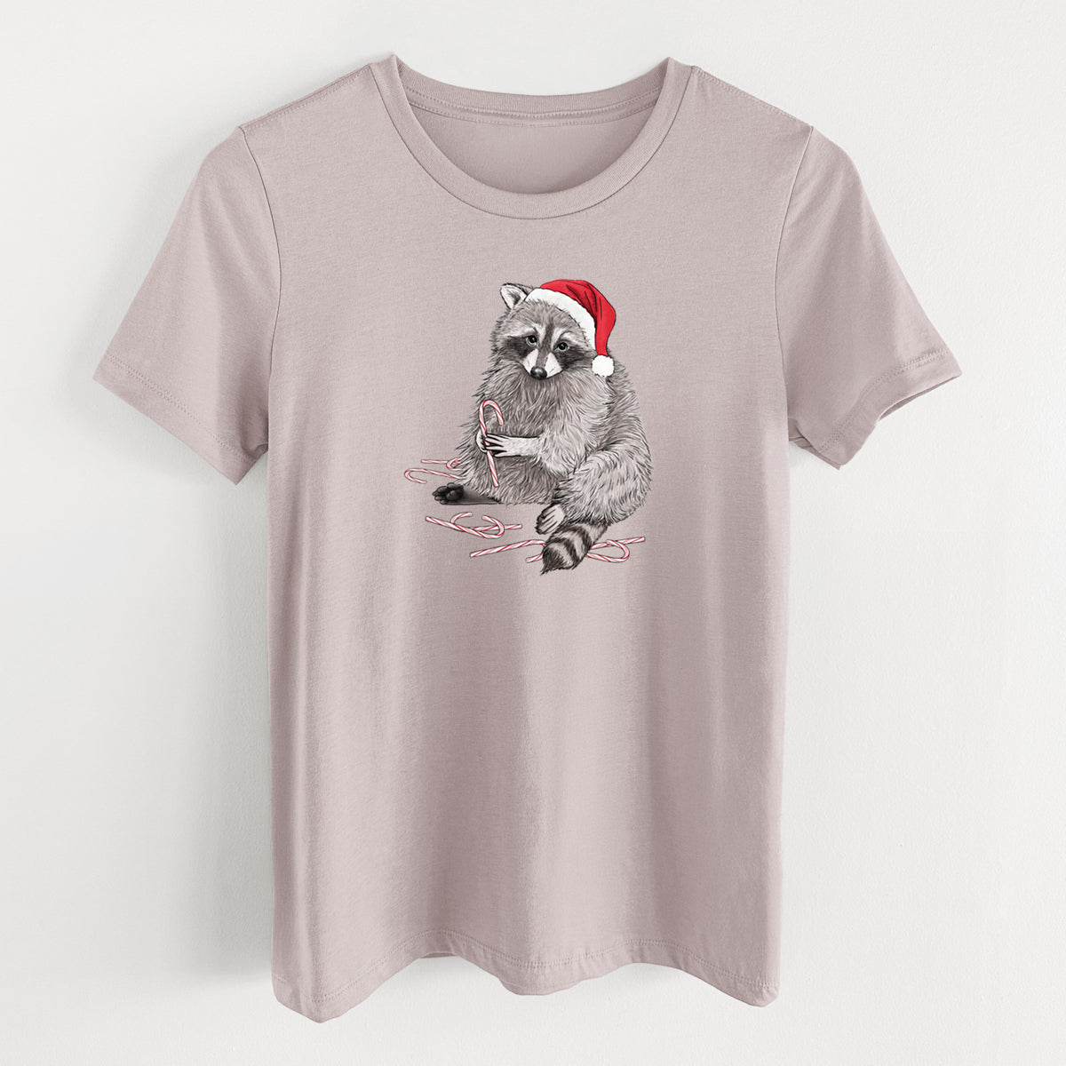 Santa Raccoon - Women's Lightweight Relaxed Fit 100% Cotton Crewneck in Pink Gravel, on a hanger