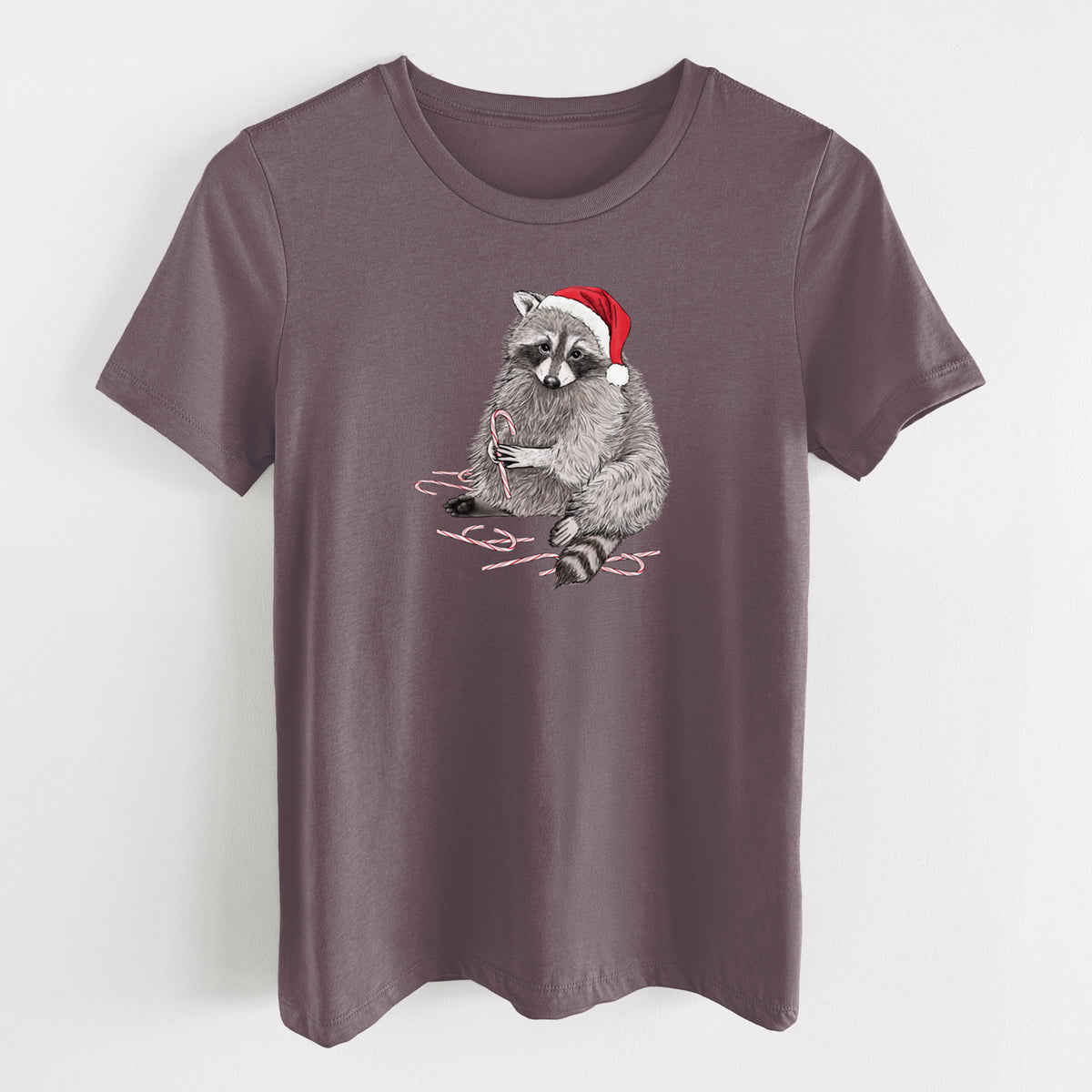 Santa Raccoon - Women's Lightweight Relaxed Fit 100% Cotton Crewneck in Purple Storm, on a hanger