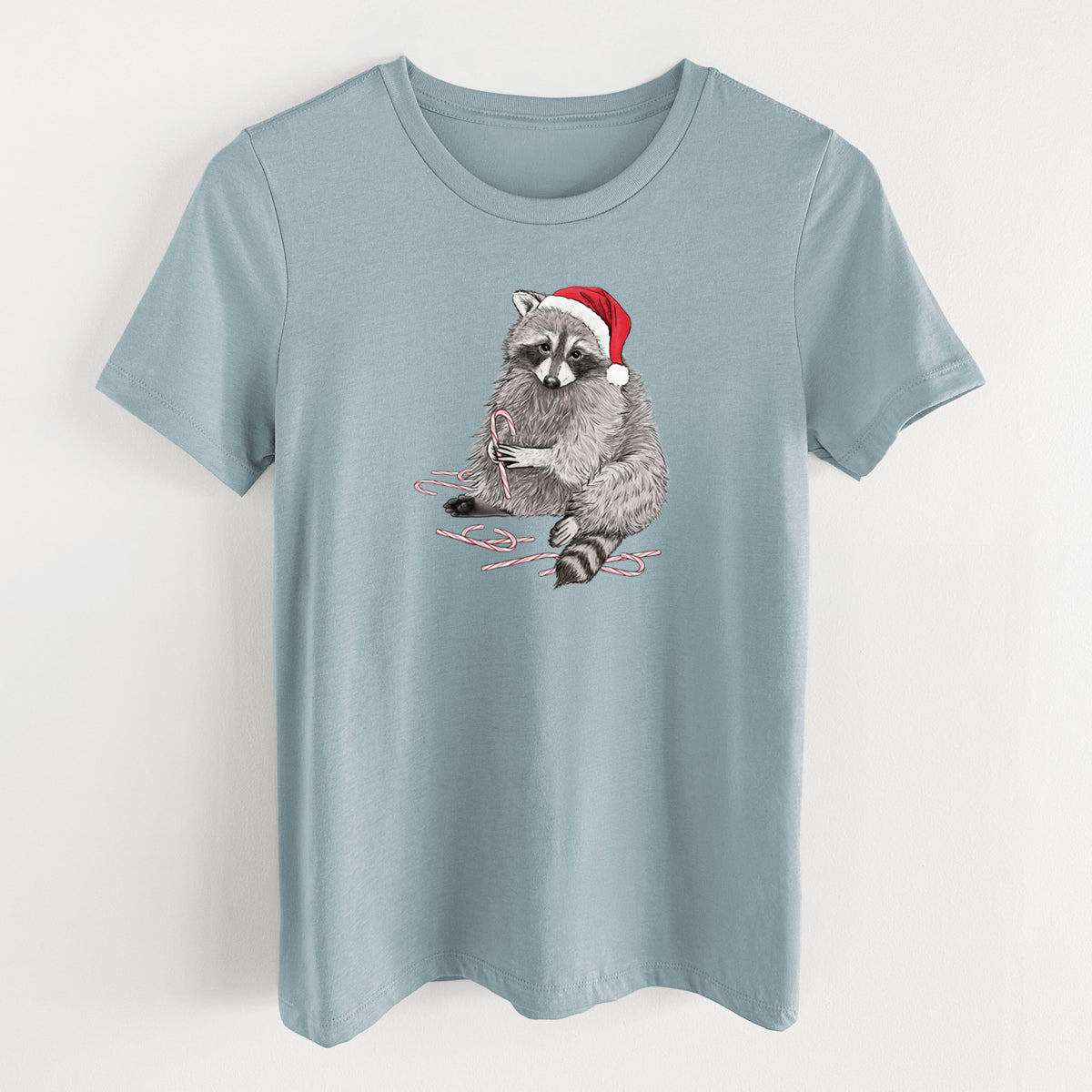 Santa Raccoon - Women's Lightweight Relaxed Fit 100% Cotton Crewneck in Vintage Denim, on a hanger