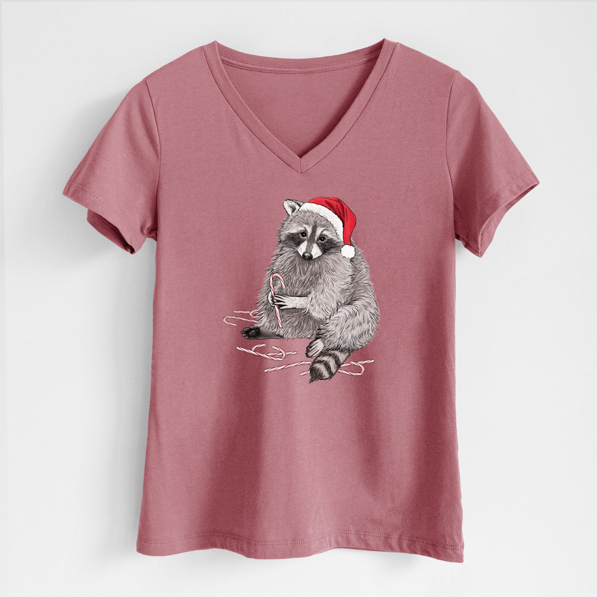 Santa Raccoon - Women's Lightweight Relaxed Fit 100% Cotton V-neck in Mauve, on a hanger