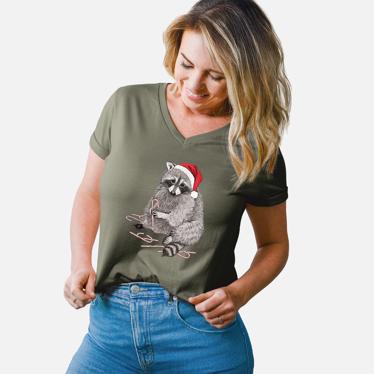 Santa Raccoon - Women's Lightweight Relaxed Fit 100% Cotton V-neck in Military Green, worn by model