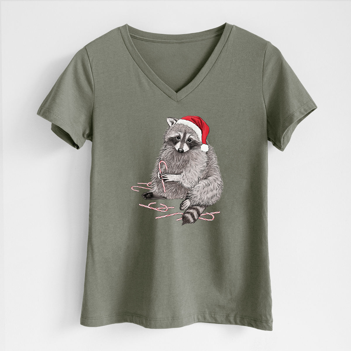 Santa Raccoon - Women's Lightweight Relaxed Fit 100% Cotton V-neck in Military Green, on a hanger
