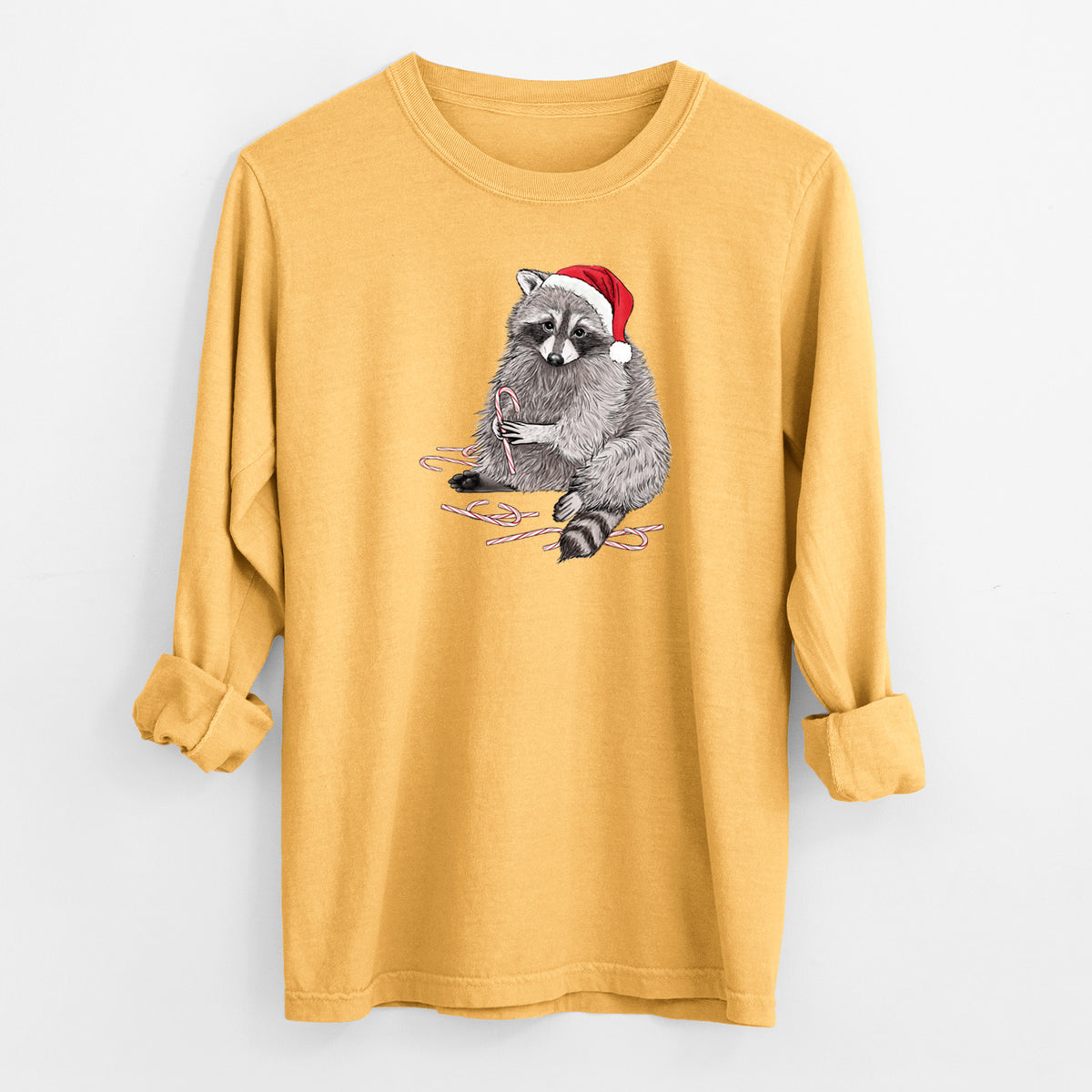 Santa Raccoon - Unisex Comfort Colors 100% Cotton Long Sleeve in Golden Wheat, worn by model
