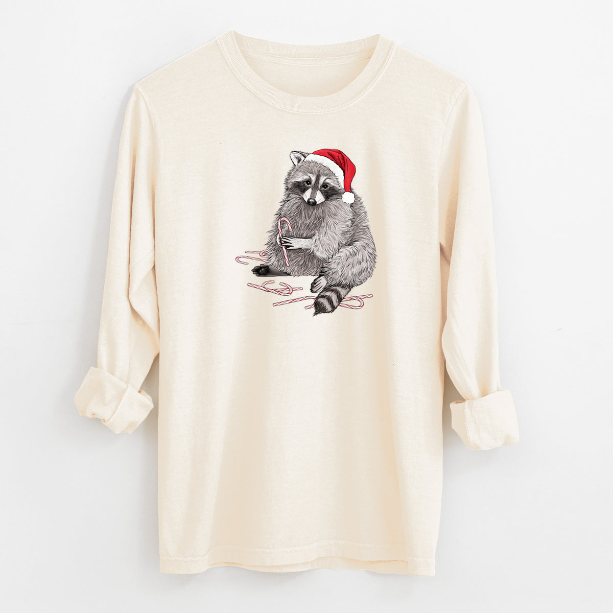 Santa Raccoon - Unisex Comfort Colors 100% Cotton Long Sleeve in Ivory, worn by model