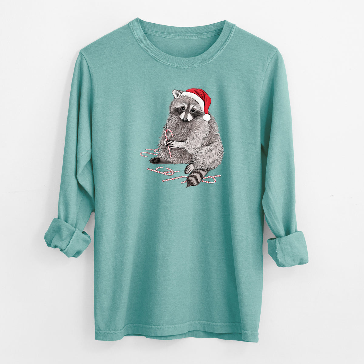 Santa Raccoon - Unisex Comfort Colors 100% Cotton Long Sleeve in Reef Green, worn by model
