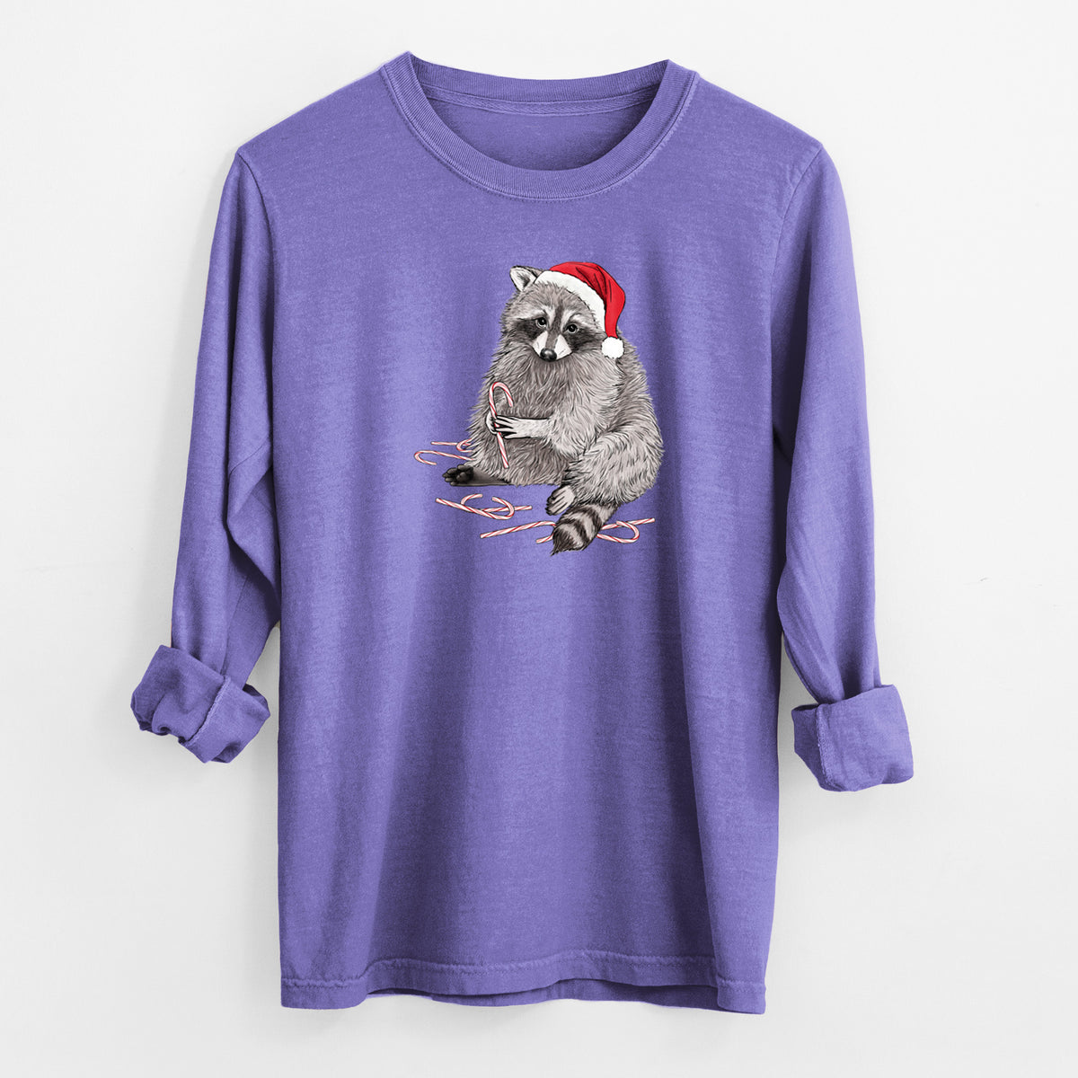 Santa Raccoon - Unisex Comfort Colors 100% Cotton Long Sleeve in Violet, worn by model