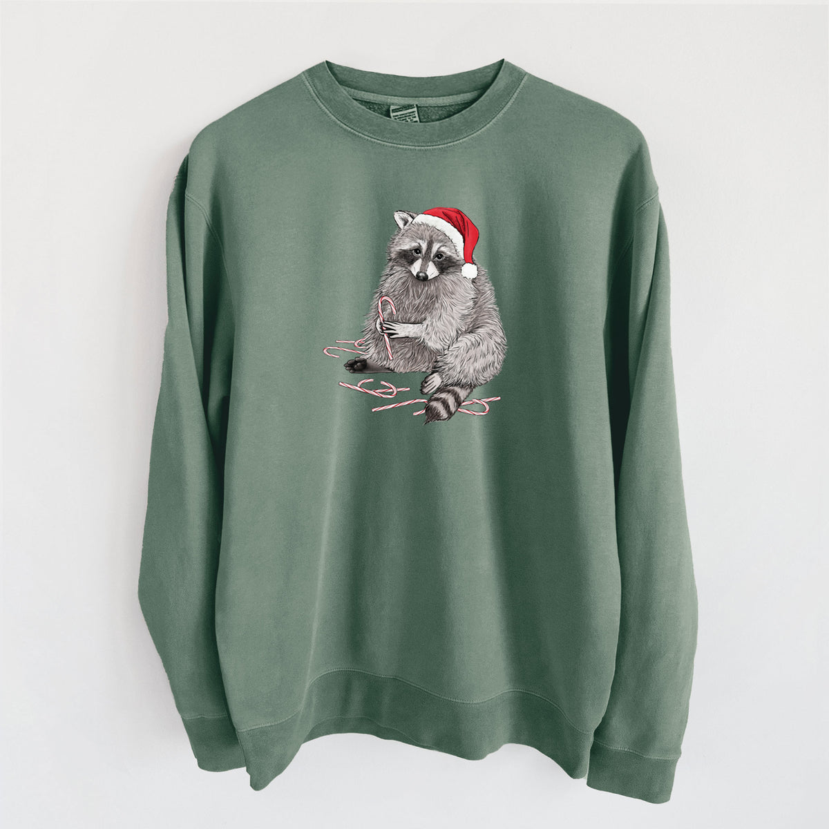 Santa Raccoon - Unisex Pigment Dyed Crew Sweatshirt in Alpine Green