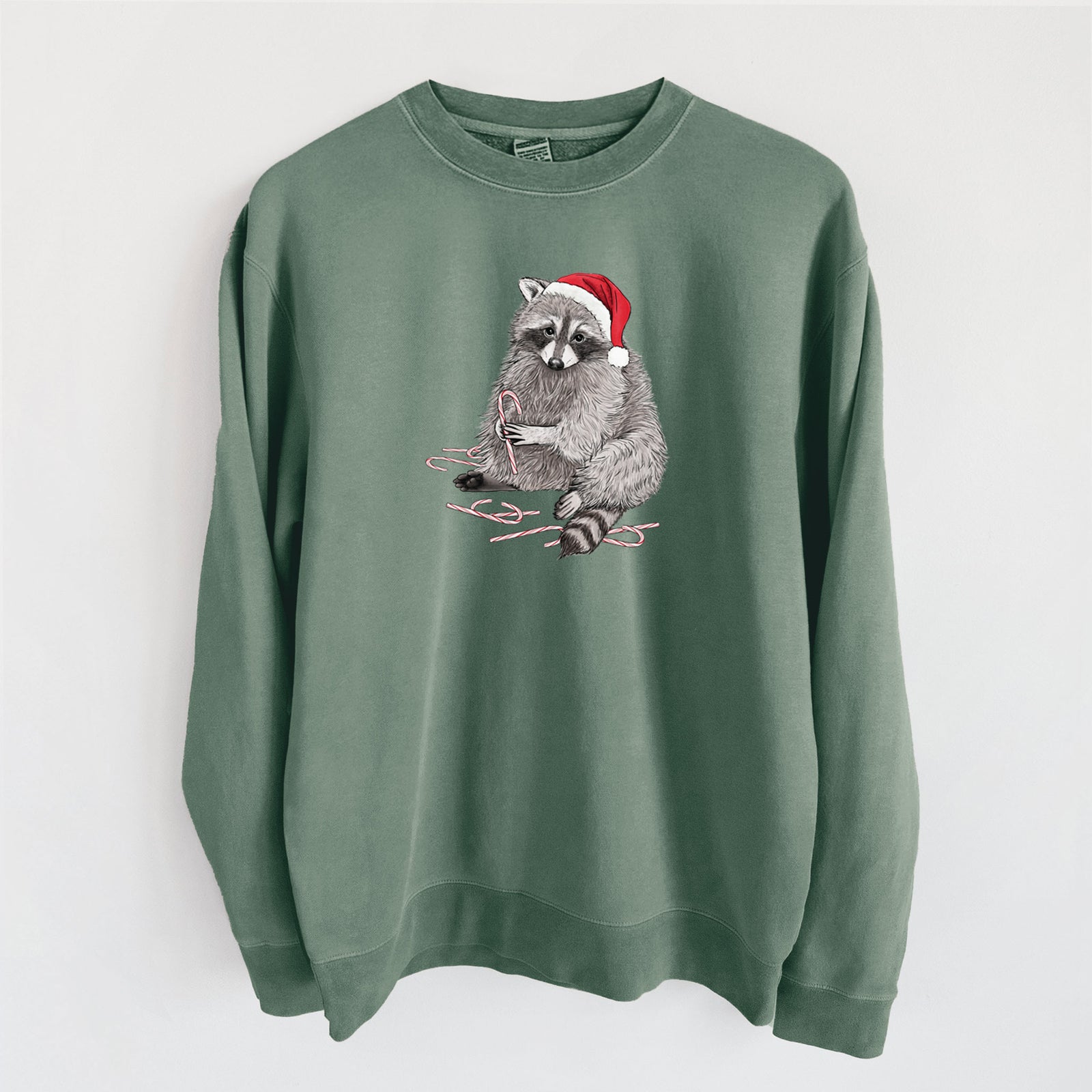 Santa Raccoon - Unisex Pigment Dyed Crew Sweatshirt in Alpine Green