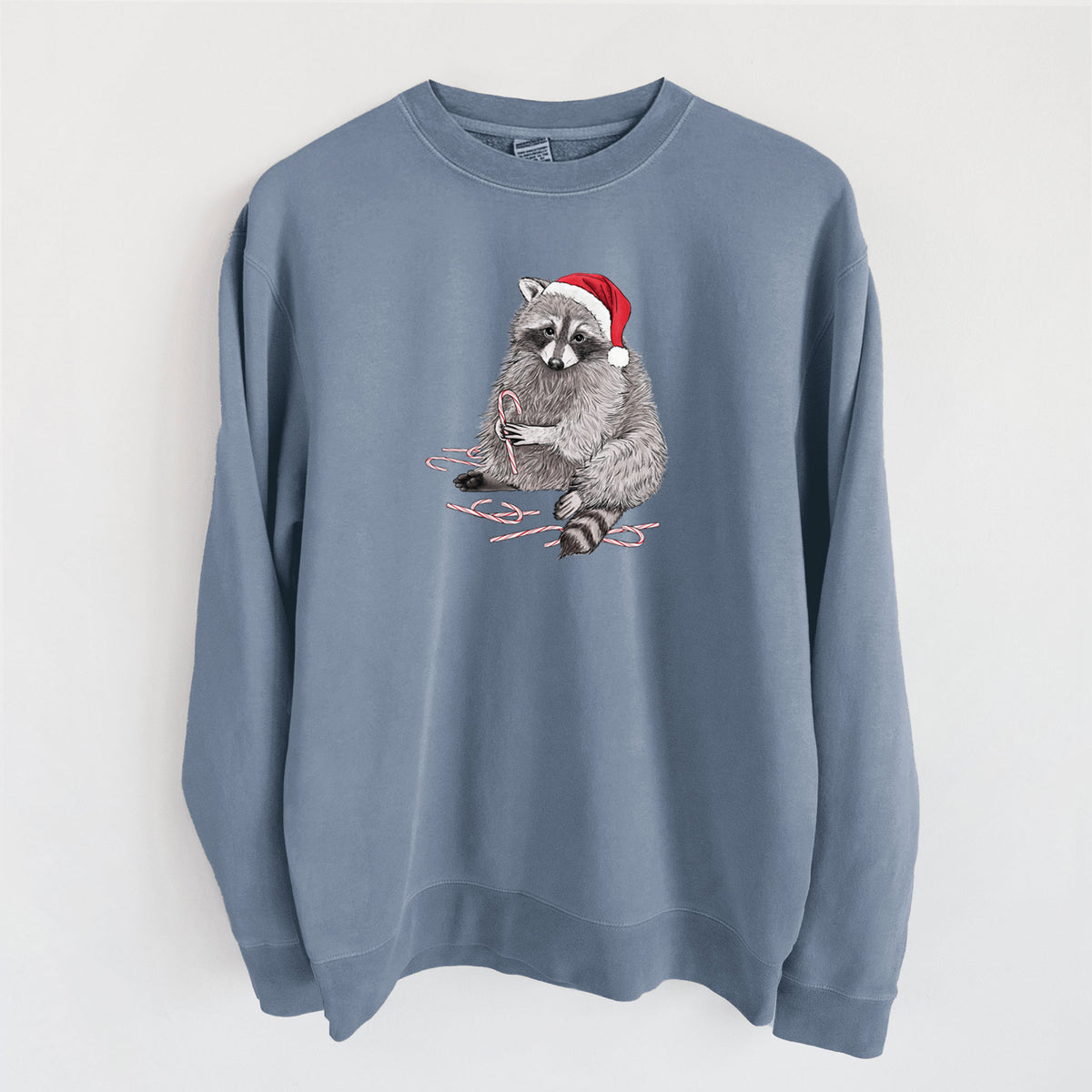 Santa Raccoon - Unisex Pigment Dyed Crew Sweatshirt in Slate Blue