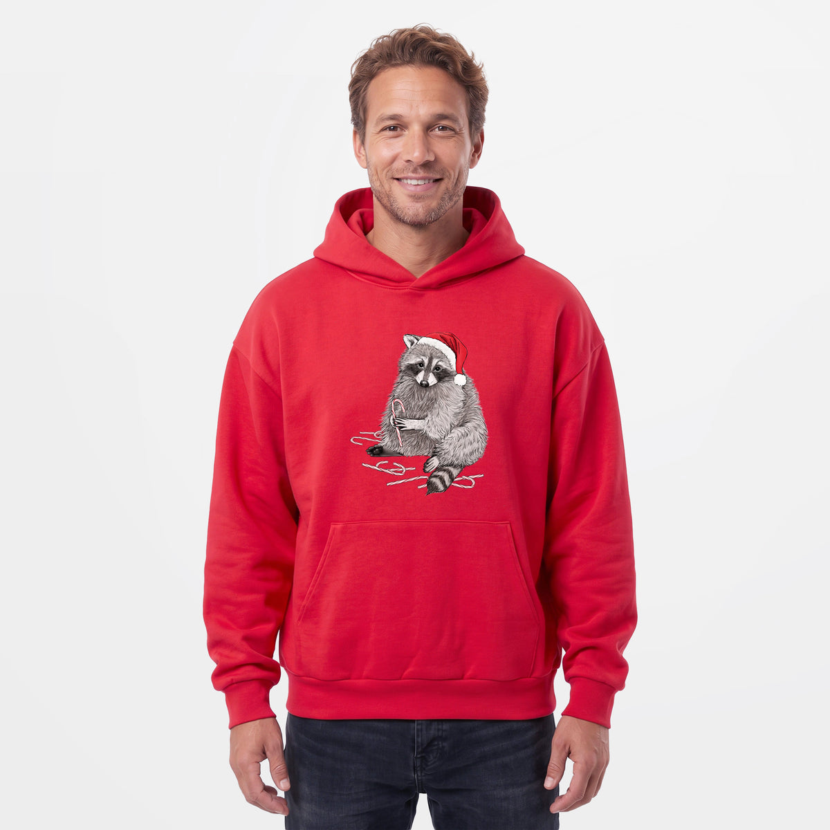 Male model wearing the Santa Raccoon - Statement Midweight Hoodie.