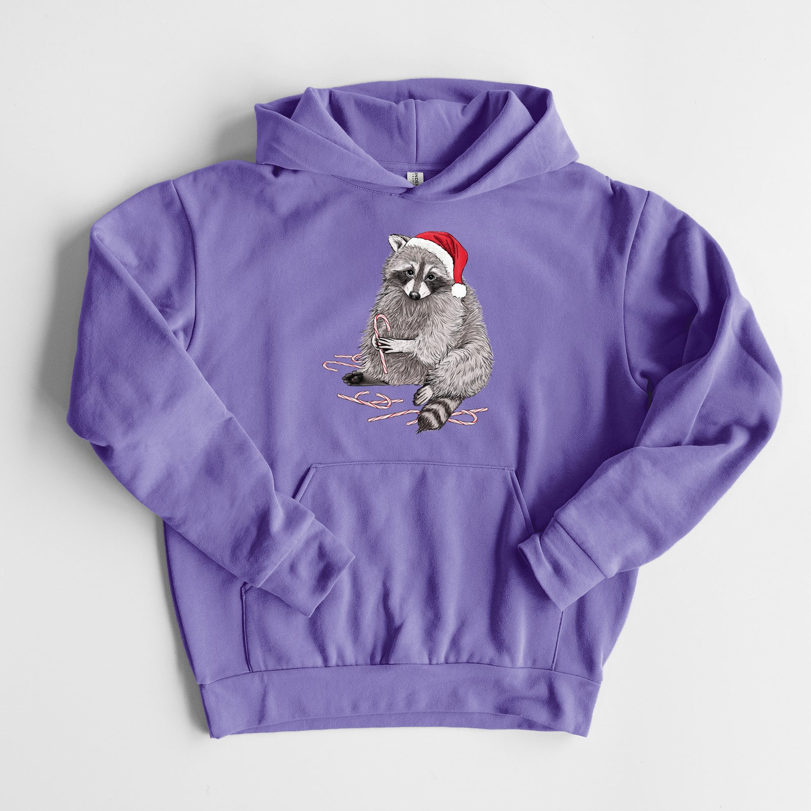Santa Raccoon - Statement Midweight Hoodie in Violet, laid flat, showing the oversized boxy fit and front kangaroo pocket.
