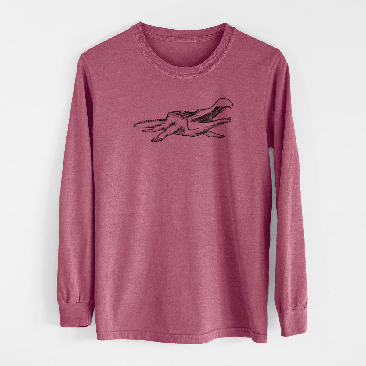 Crimson Comfort Colors long sleeve shirt laid flat, printed with a black ink illustration of a Sarcosuchus, a giant prehistoric crocodile.