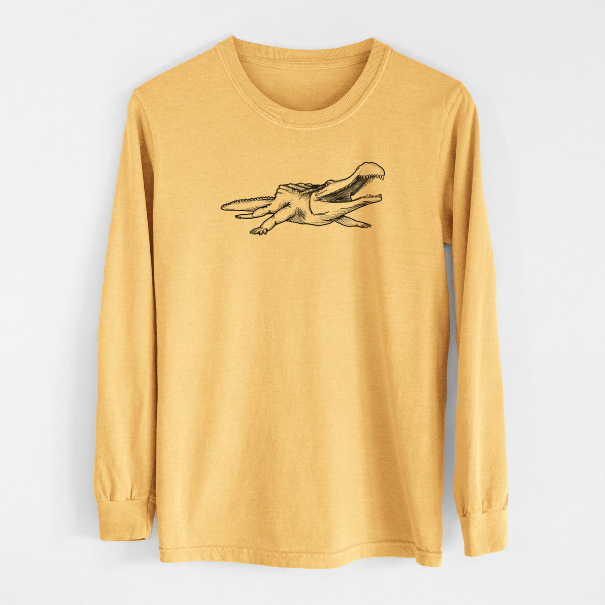 Golden wheat yellow Comfort Colors long sleeve shirt laid flat, printed with a black ink illustration of a Sarcosuchus, a giant prehistoric crocodile.