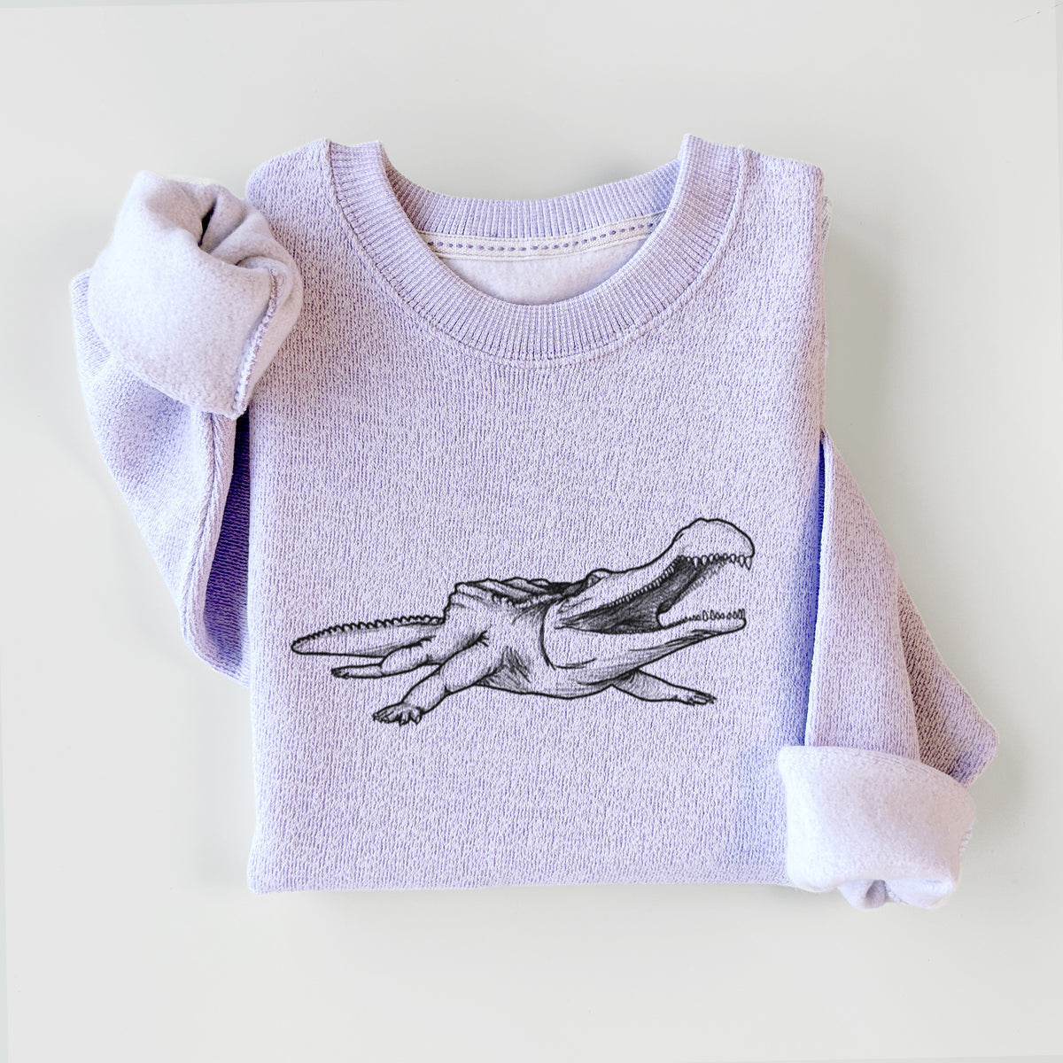 Ice purple knit sweatshirt printed with a black ink illustration of a Sarcosuchus, a giant prehistoric crocodile, styled flat.