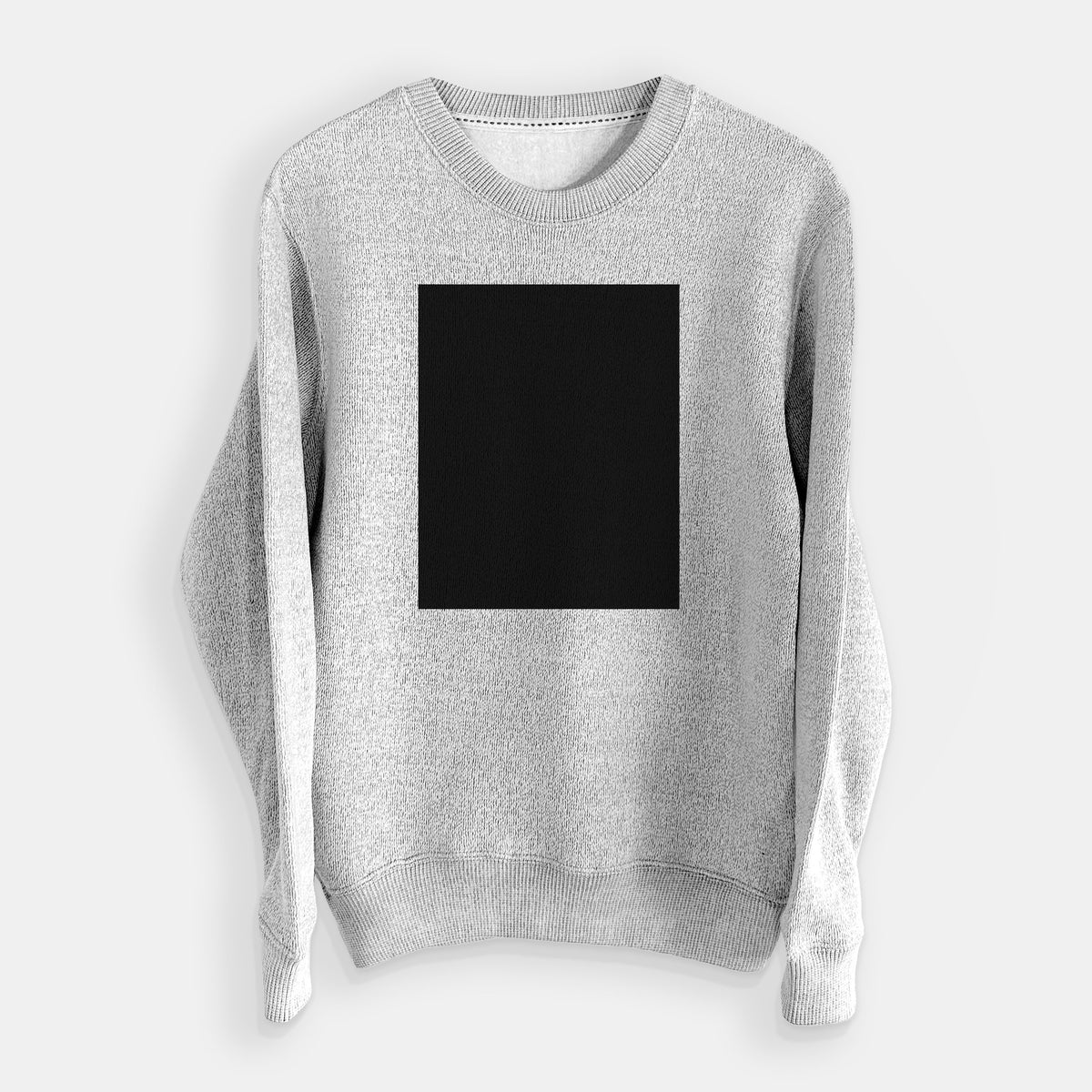 Salt and pepper knit sweatshirt laid flat, printed with a black ink illustration of a Sarcosuchus, a giant prehistoric crocodile.