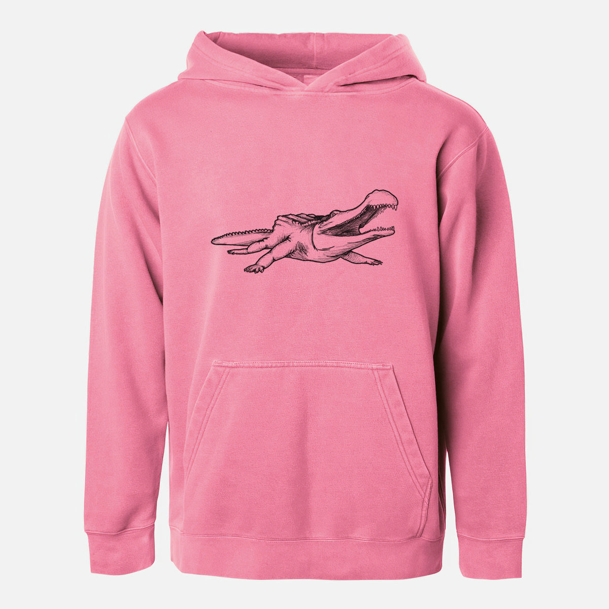 Pigment pink youth pigment dyed hoodie laid flat, printed with a black ink illustration of a Sarcosuchus, a giant prehistoric crocodile.