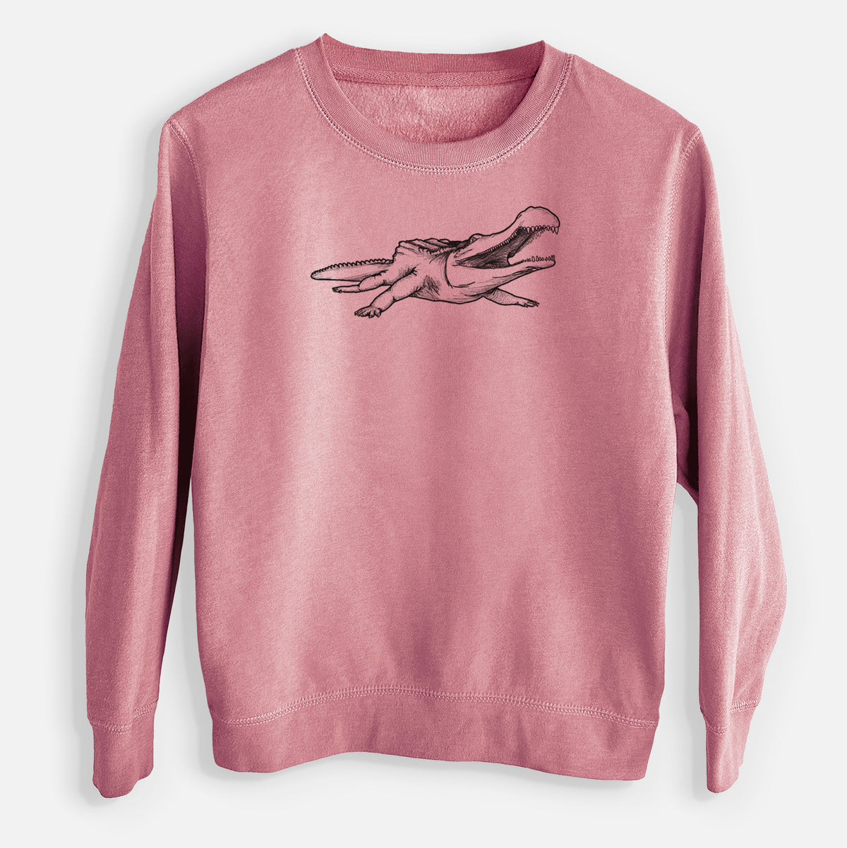 Mauve pink youth crewneck sweatshirt laid flat, printed with a black ink illustration of a Sarcosuchus, a giant prehistoric crocodile.