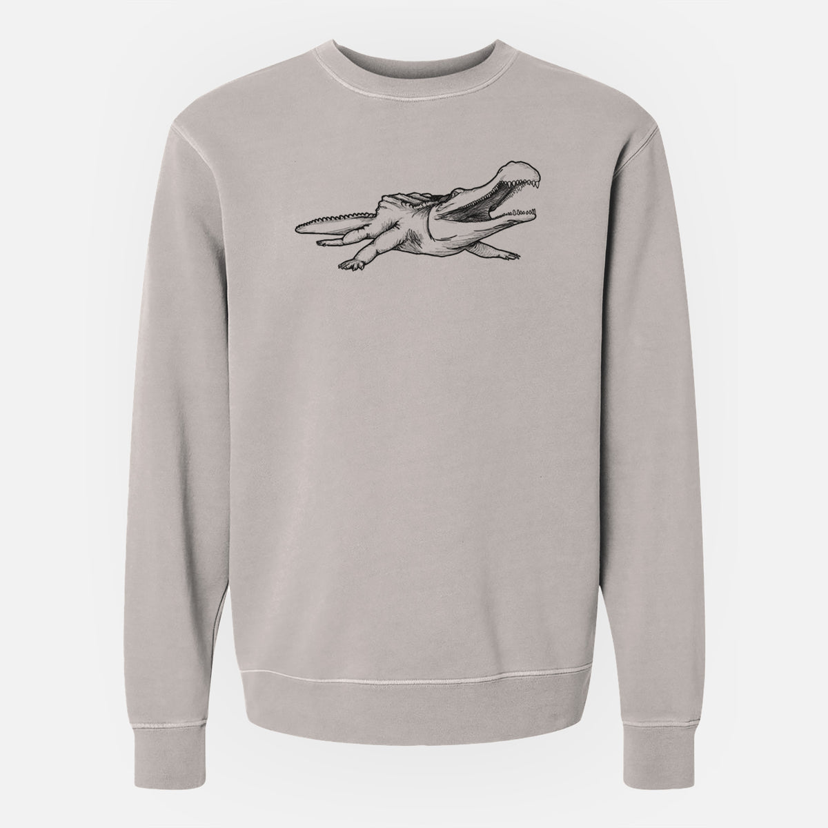 Cement grey pigment dyed crewneck sweatshirt laid flat, printed with a black ink illustration of a Sarcosuchus, a giant prehistoric crocodile.