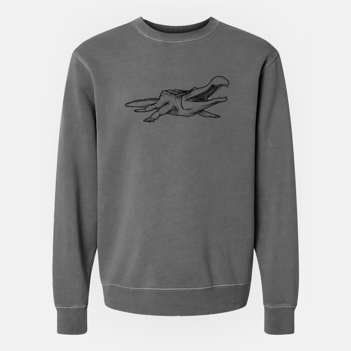 Faded black pigment dyed crewneck sweatshirt laid flat, printed with a black ink illustration of a Sarcosuchus, a giant prehistoric crocodile.