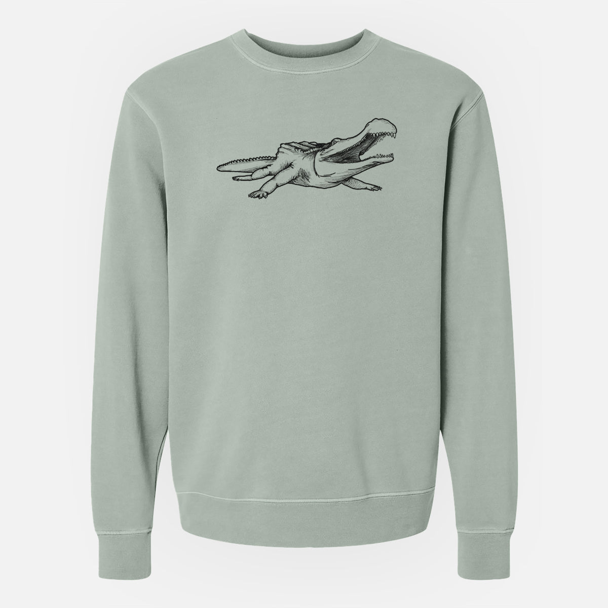 Sage green pigment dyed crewneck sweatshirt laid flat, printed with a black ink illustration of a Sarcosuchus, a giant prehistoric crocodile.