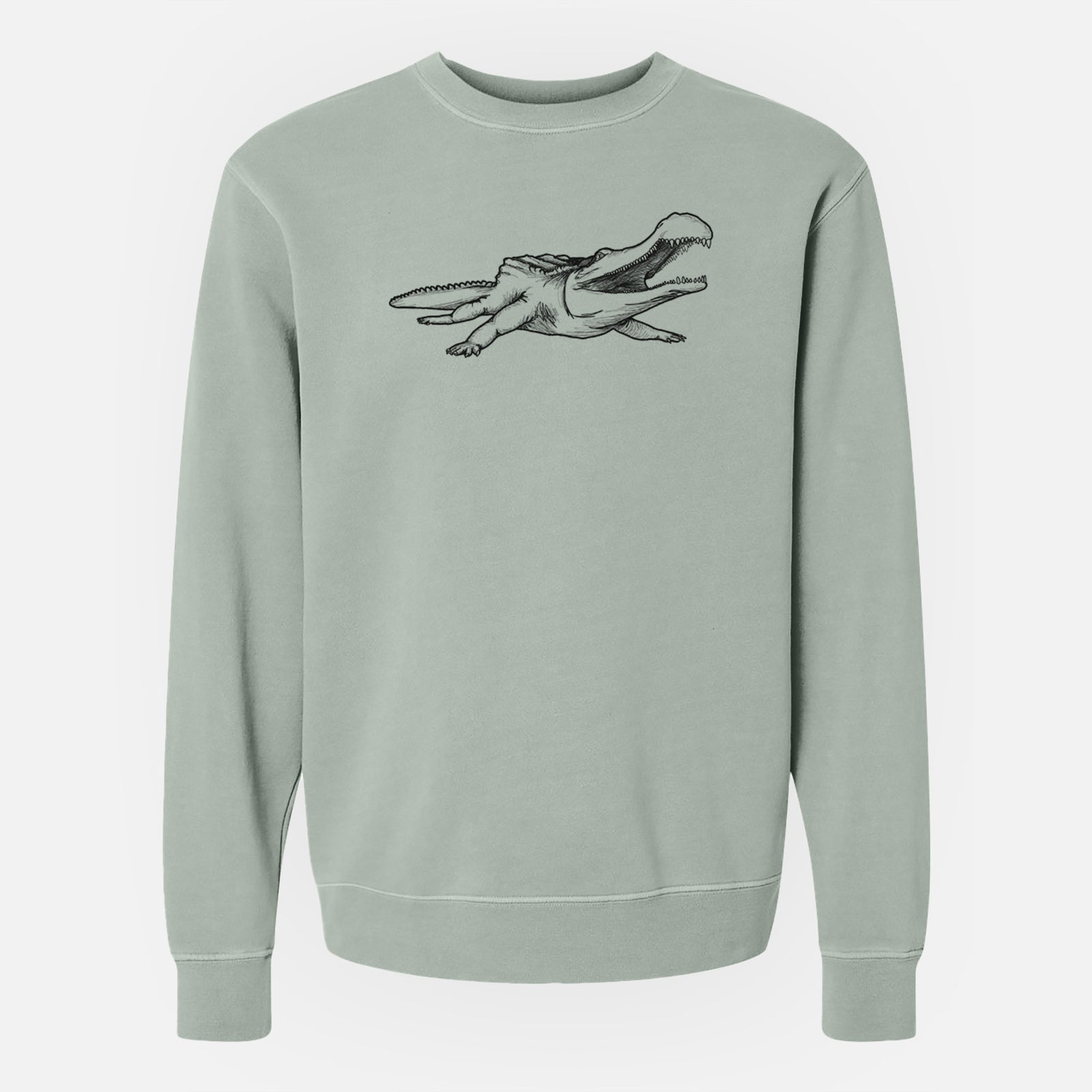 Sage green pigment dyed crewneck sweatshirt laid flat, printed with a black ink illustration of a Sarcosuchus, a giant prehistoric crocodile.