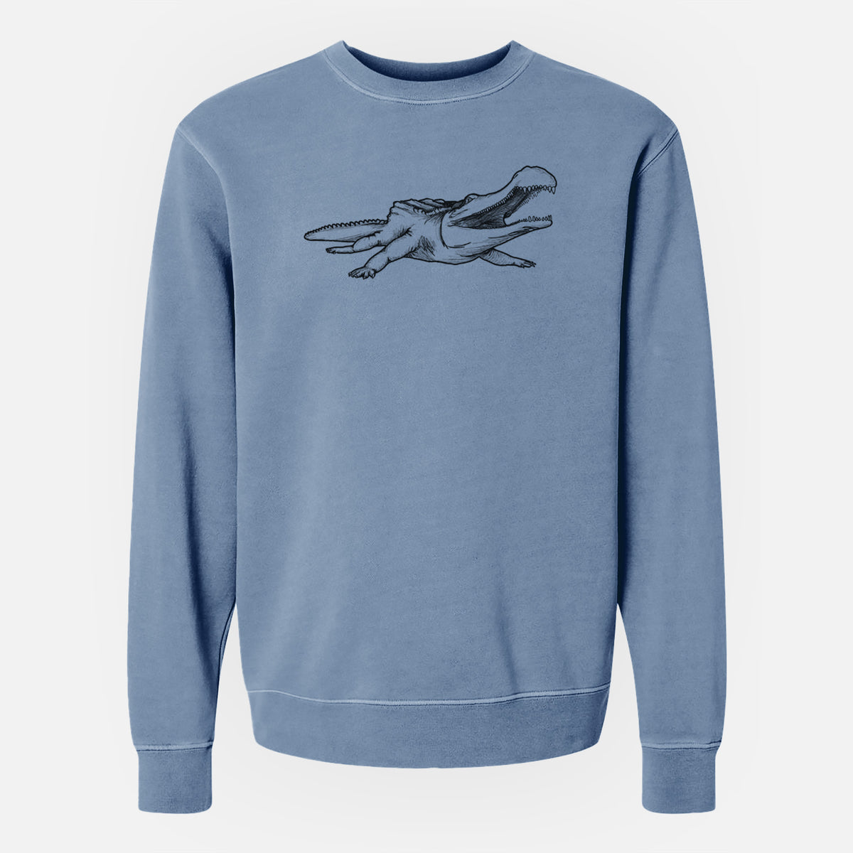 Slate blue pigment dyed crewneck sweatshirt laid flat, printed with a black ink illustration of a Sarcosuchus, a giant prehistoric crocodile.