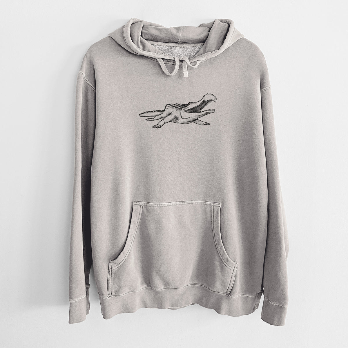 Cement grey pigment dyed hoodie laid flat, printed with a black ink illustration of a Sarcosuchus, a giant prehistoric crocodile.