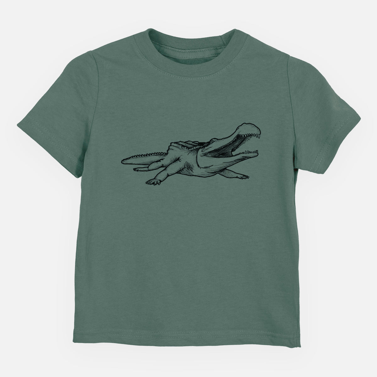 Basil green toddler t-shirt laid flat, printed with a black ink illustration of a Sarcosuchus, a giant prehistoric crocodile.