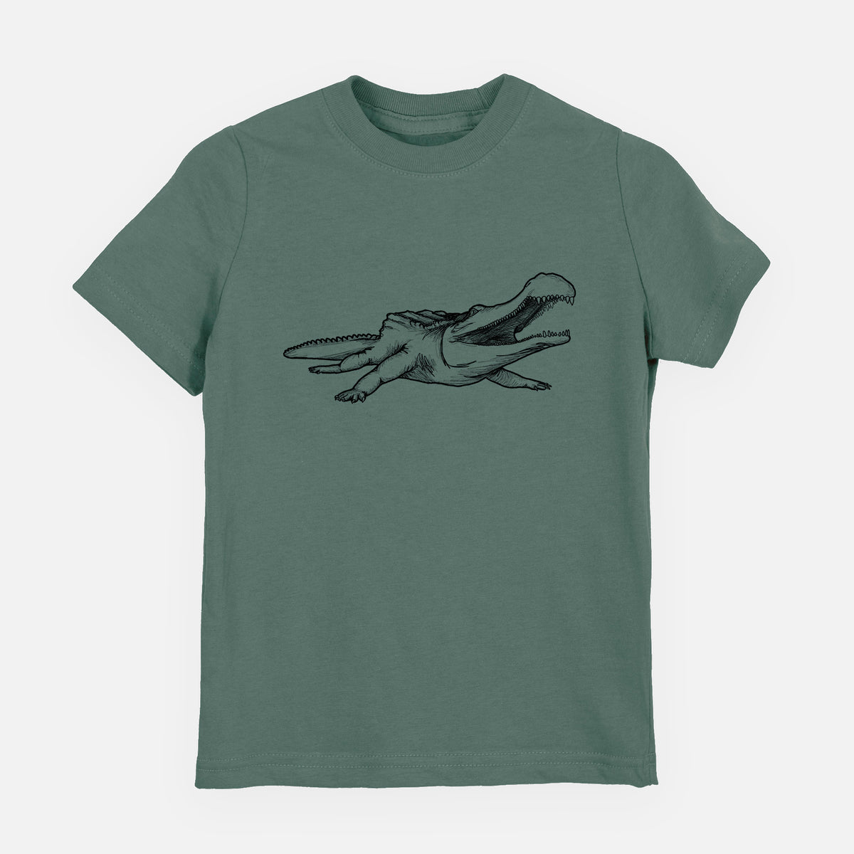 Basil green youth t-shirt laid flat, printed with a black ink illustration of a Sarcosuchus, a giant prehistoric crocodile.