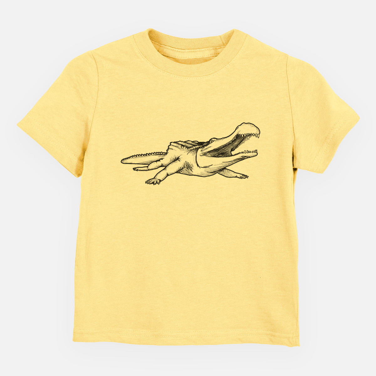 Butter yellow toddler t-shirt laid flat, printed with a black ink illustration of a Sarcosuchus, a giant prehistoric crocodile.