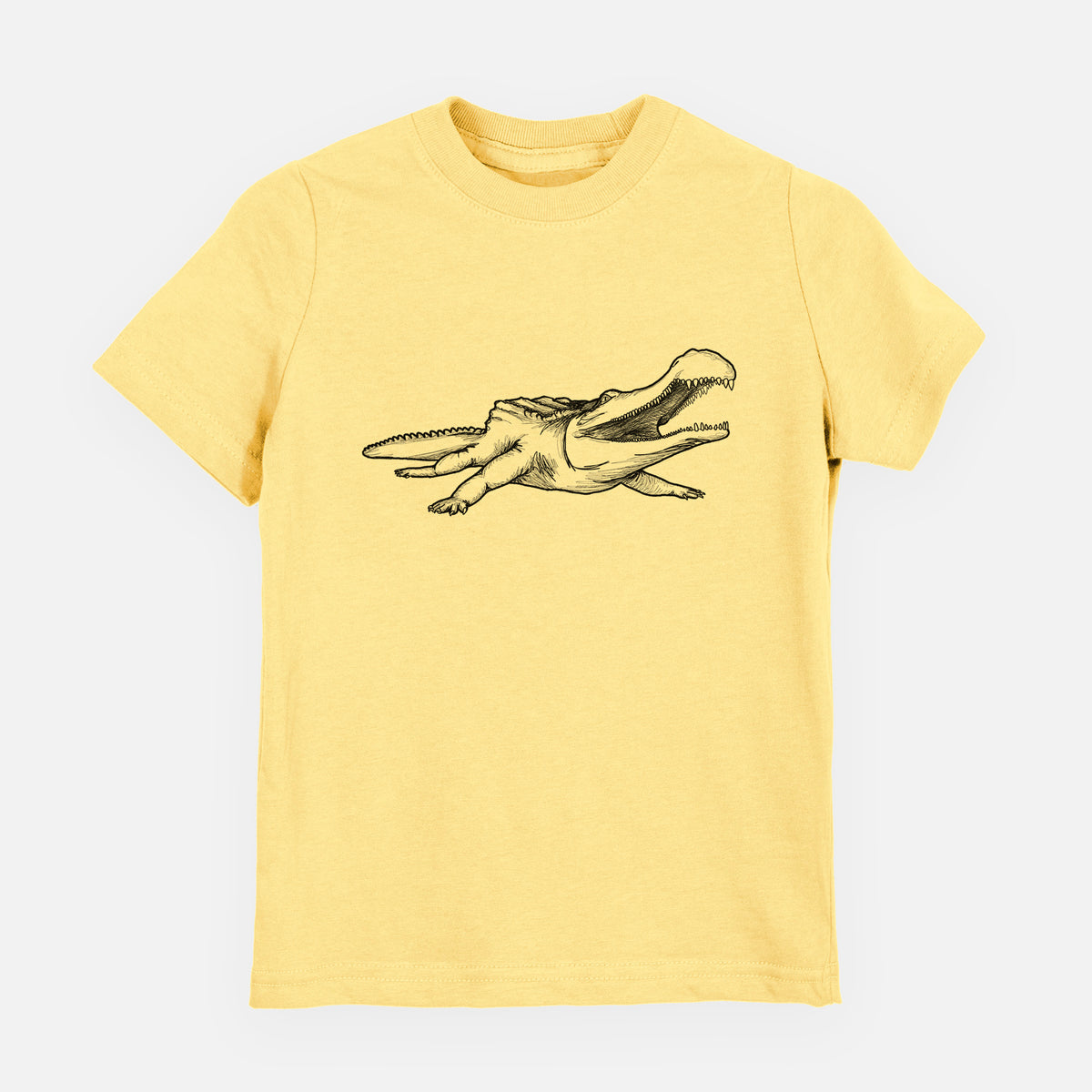 Butter yellow youth t-shirt laid flat, printed with a black ink illustration of a Sarcosuchus, a giant prehistoric crocodile.