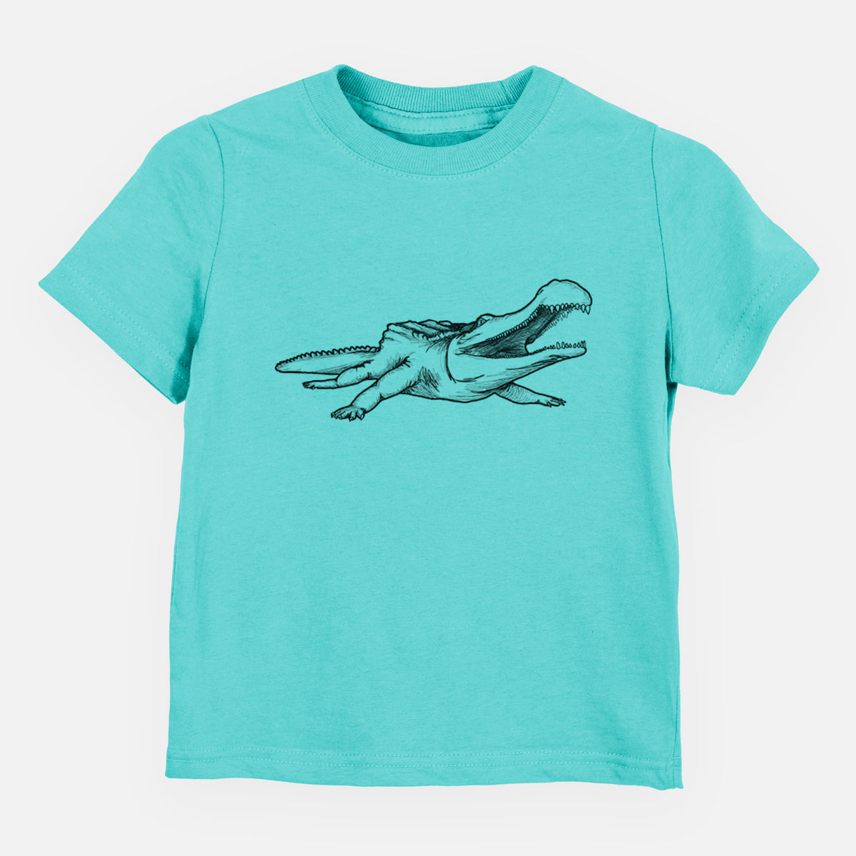 Caribbean blue toddler t-shirt laid flat, printed with a black ink illustration of a Sarcosuchus, a giant prehistoric crocodile.