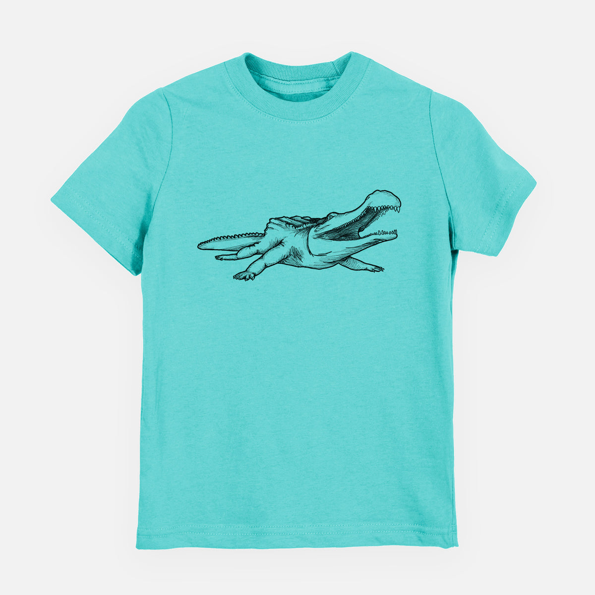 Caribbean blue youth t-shirt laid flat, printed with a black ink illustration of a Sarcosuchus, a giant prehistoric crocodile.