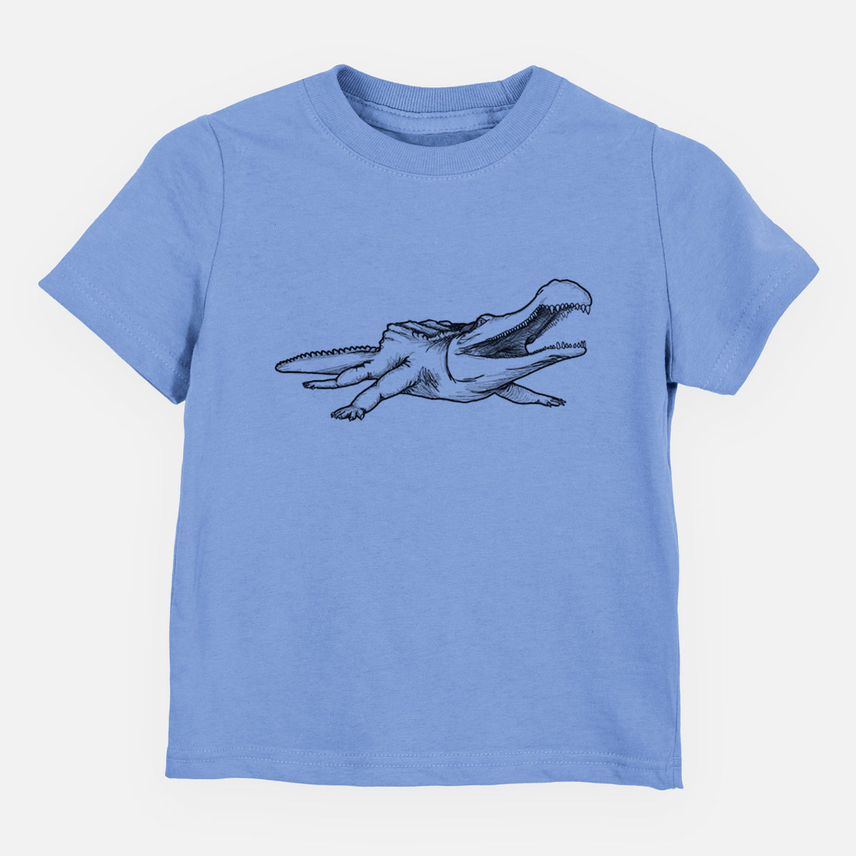 Carolina blue toddler t-shirt laid flat, printed with a black ink illustration of a Sarcosuchus, a giant prehistoric crocodile.