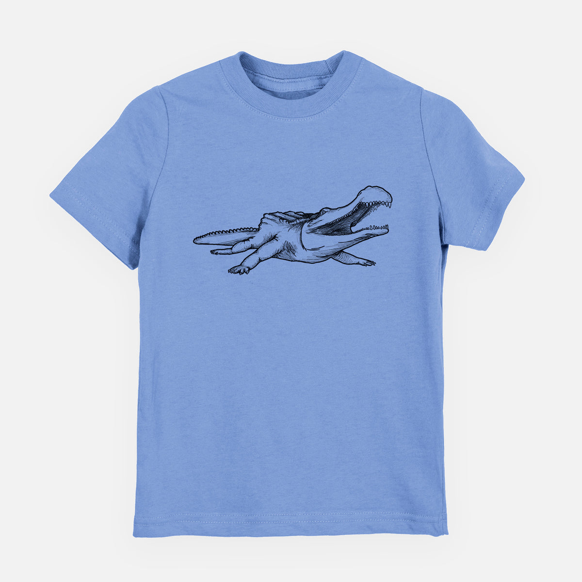 Carolina blue youth t-shirt laid flat, printed with a black ink illustration of a Sarcosuchus, a giant prehistoric crocodile.