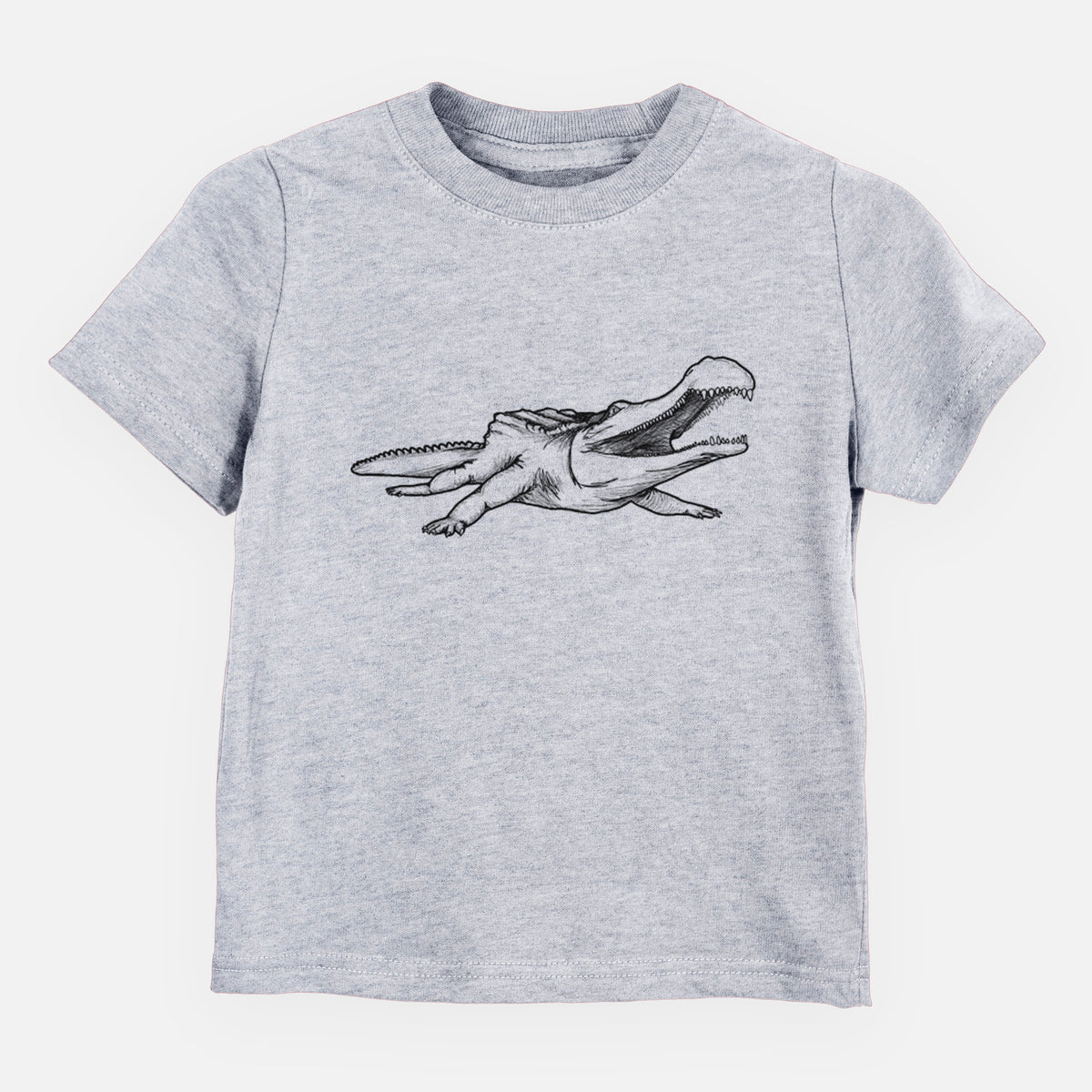 Heather grey toddler t-shirt laid flat, printed with a black ink illustration of a Sarcosuchus, a giant prehistoric crocodile.