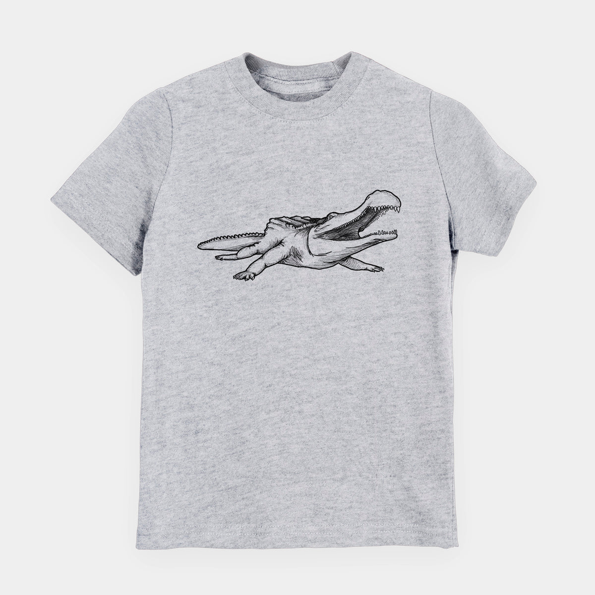 Heather grey youth t-shirt laid flat, printed with a black ink illustration of a Sarcosuchus, a giant prehistoric crocodile.